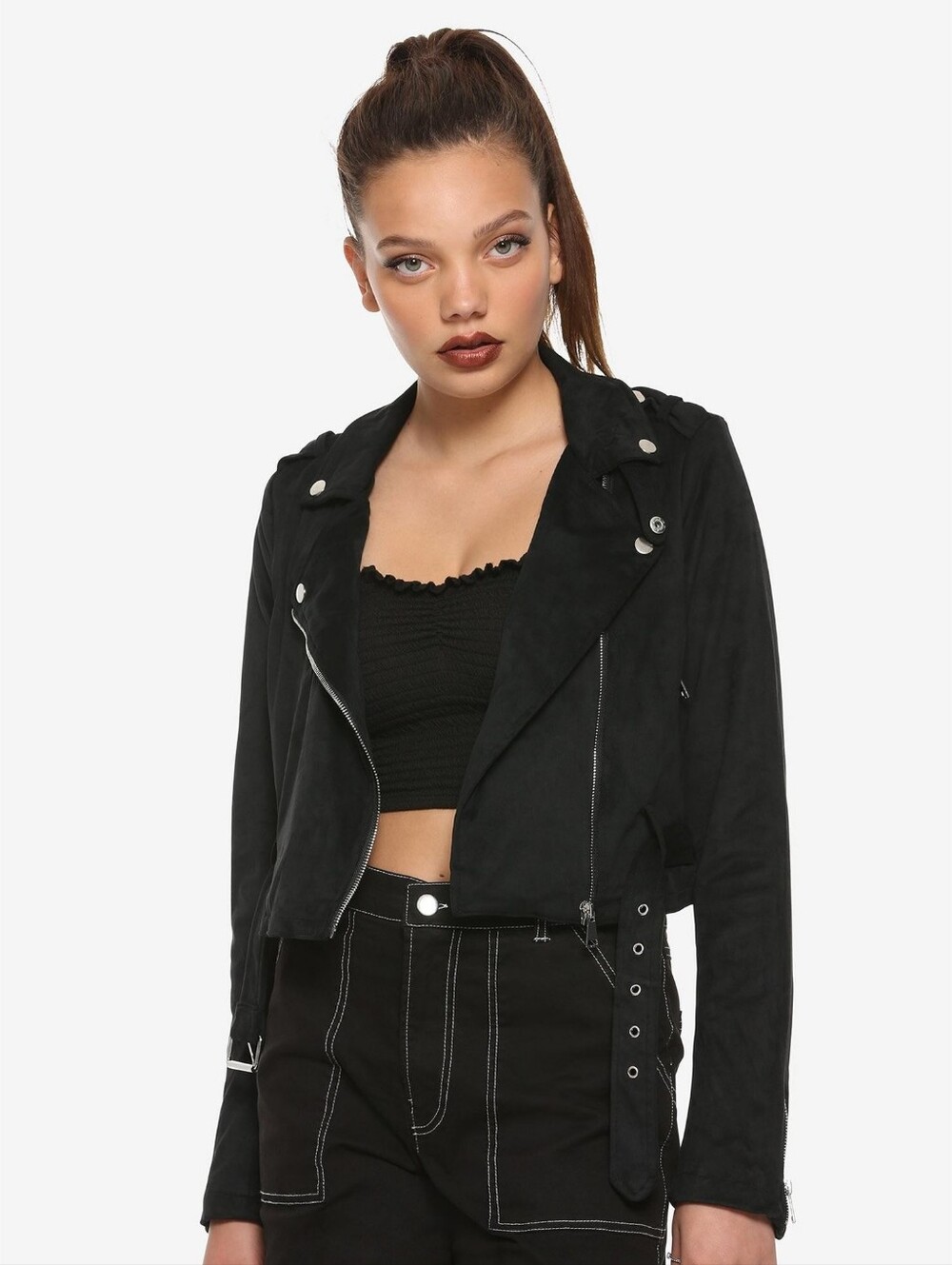 Hot Topic Moto Jacket Junior's Sz L Black Faux Suede Cropped Biker Emo Punk Rock